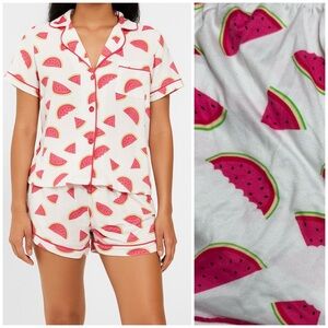 Esti Couture White Watermelon Print Two Piece Button Down Top and Shorts Pajama